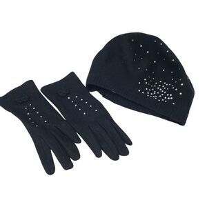 Beautiful Set of Women's Wool Black Gloves and Beanie with Rhinestone Decor